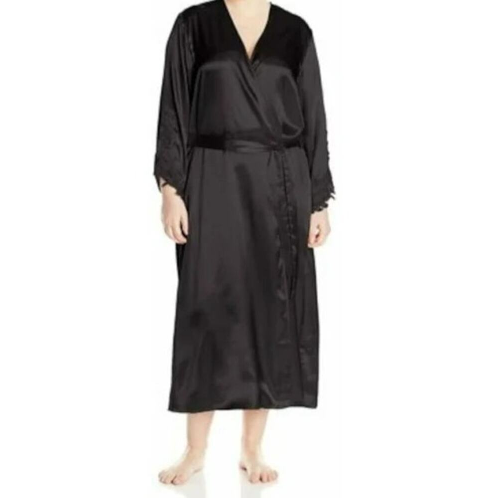 NWT Flora by Flora Nikrooz Women's Black Satin Stella Robe Plus Size 3X